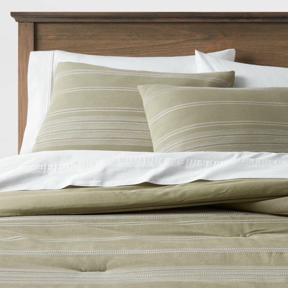 Threshold Cotton Woven Stripe Comforter Set Twin/TXL Moss Green White OEKO-TEX
